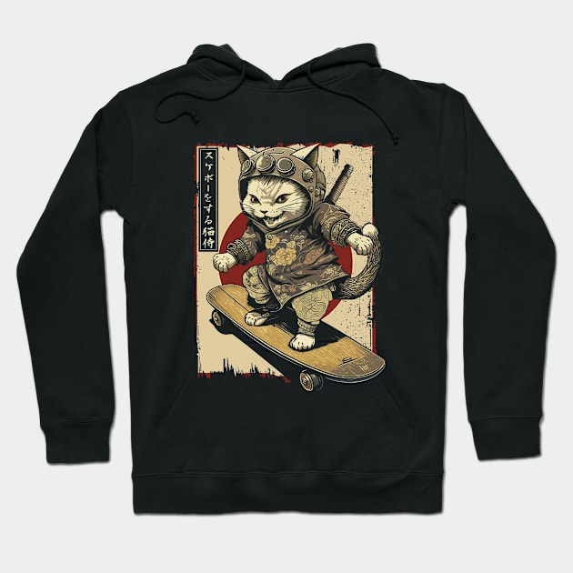 Skateboard Samurai Cat Tattoo, Kawaii Ninja Cat Hoodie by Apocatnipse Meow